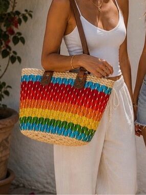 Rainbow Raw Woven Straw Tote Basket with Leather Handles